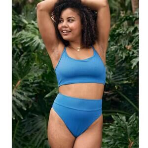 NWT! Aerie Pique High Cut Cheeky Bikini Swim Bottom in Blue - Size Medium